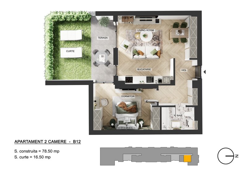 Pipera Plaza, apartament 2 camere, curte privata, bloc finalizat.